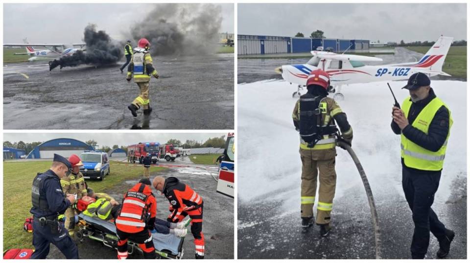 Dym, ewakuacja i akcja ratunkowa na lotnisku w Piotrkowie Trybunalskim. Tak wyglądał test gotowości służb ratunkowych [Foto]